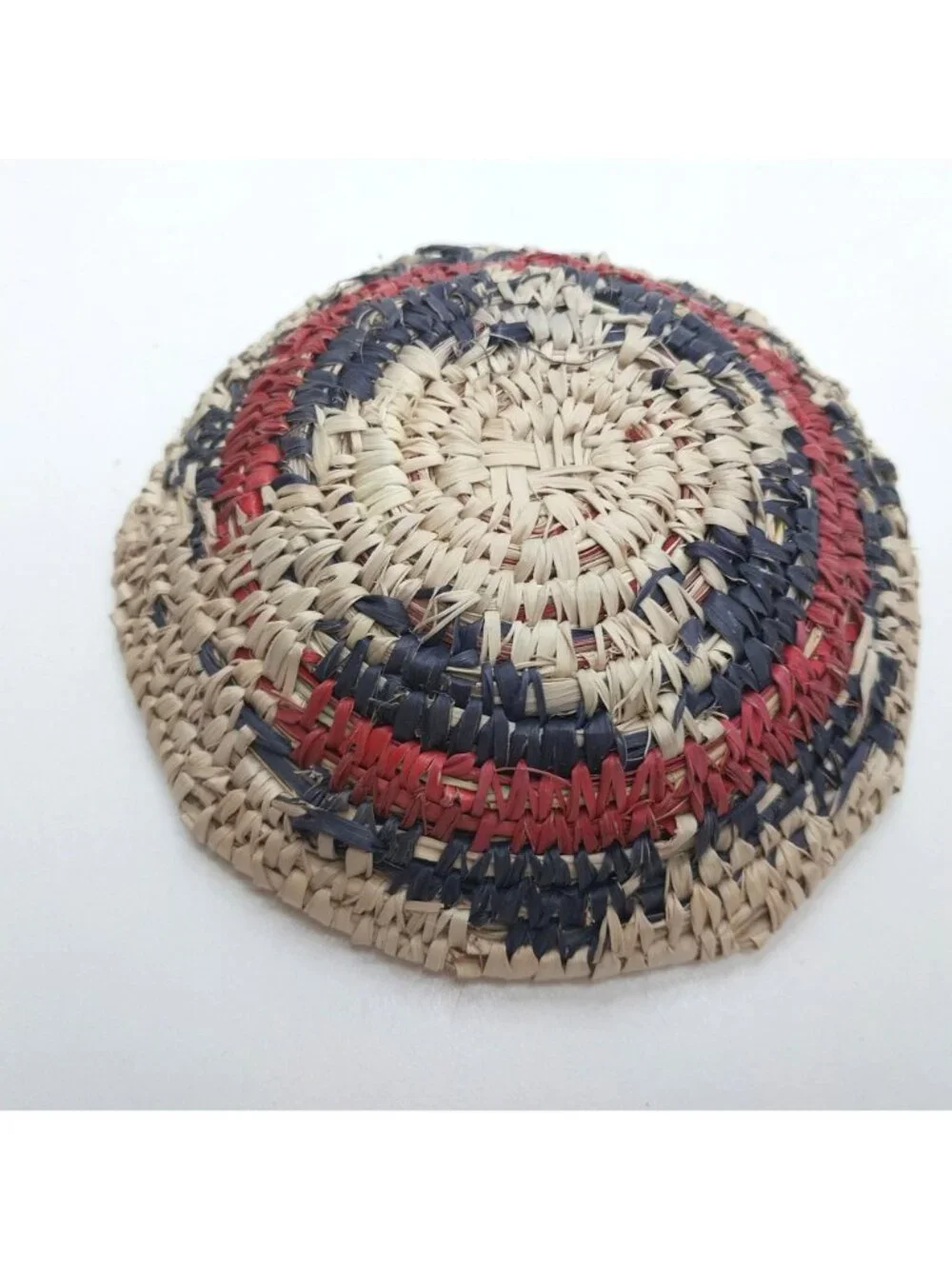 Handwoven Small Woven Coiled Basket Bowl Natural Fiber Red Blue